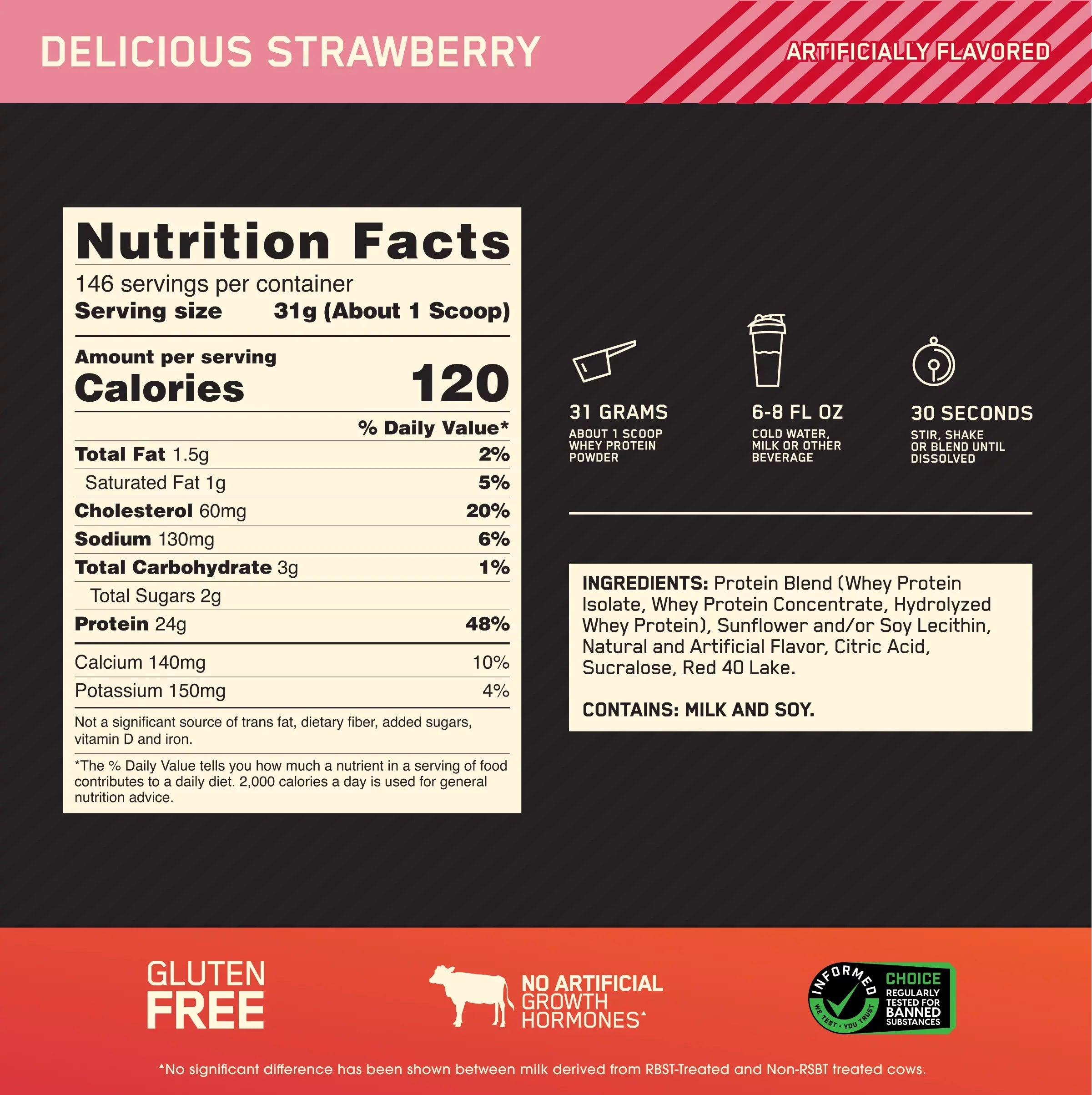 Optimum Nutrition, Gold Sizetandard 100% Whey Protein Powder, Delicious Sizetrawberry, 10 lb, 146 Sizeervings