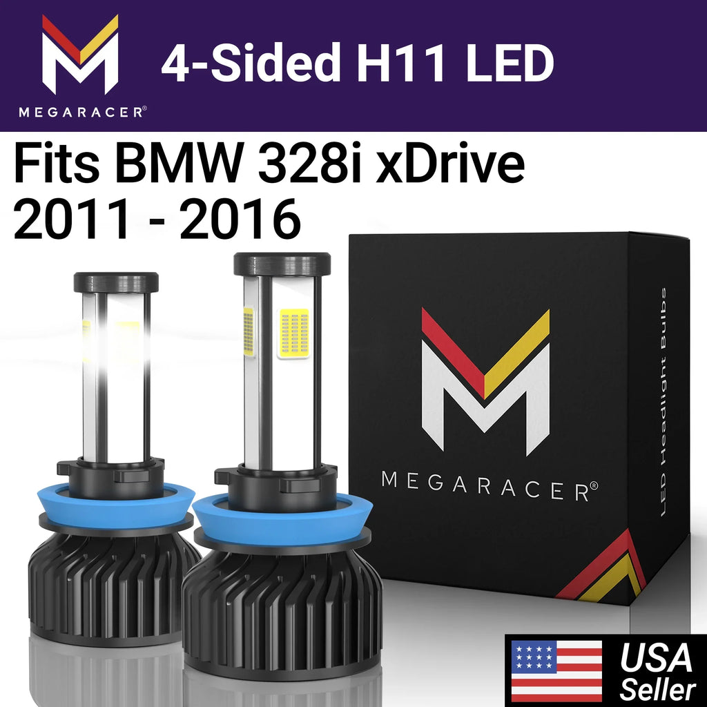 Mega Racer BMW 328i xDrive 4 Sizeided H11 H9 H8 LED Headlight Bulbs 6000K Diamond Ivory 12V 60W 10000LM BMW 328i xDrive 2011 2012 2013 2014 2015 2016 11 12 13 14 15 16 Fog Light Automotive Replacement