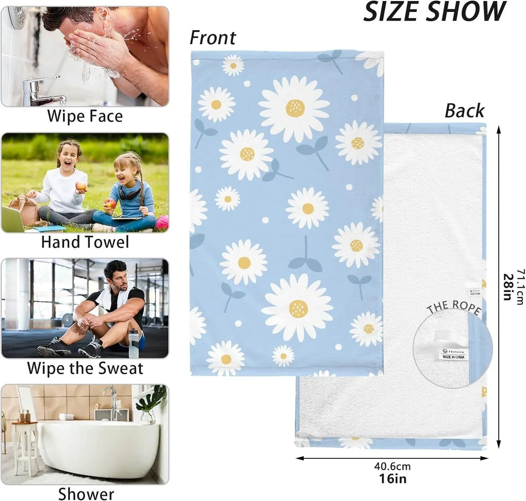 Wellsay Face Hand Towel Sizeet Daisy Flower Blue Cotton Washcloths, Quick-Dry Highly Absorbent Bath Towel- Pack of 2