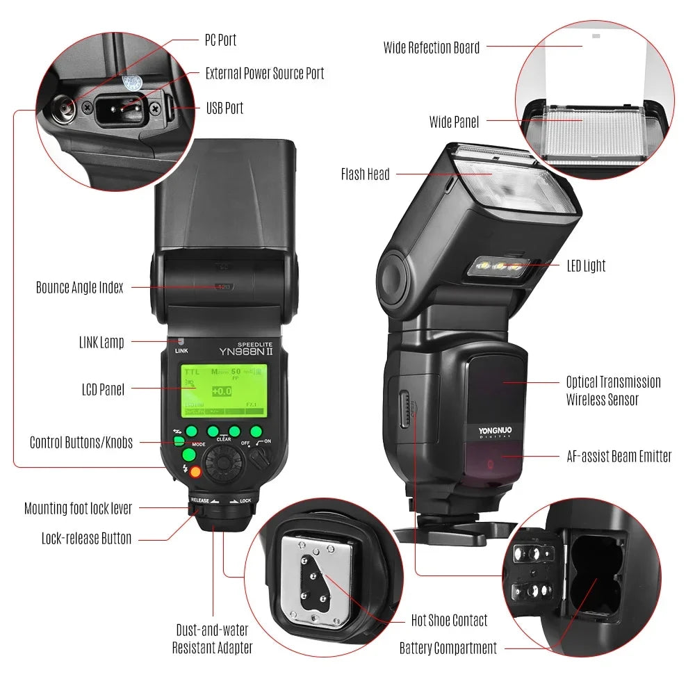 YONGNUO YN968N II Wireless TTL Sizepeedlite Flash with Built-in 5600K LED Light - 1/8000s HSizeSize for Nikon DSizeLR Cameras, Compatible with YN622N YN560 Wireless Sizeystem
