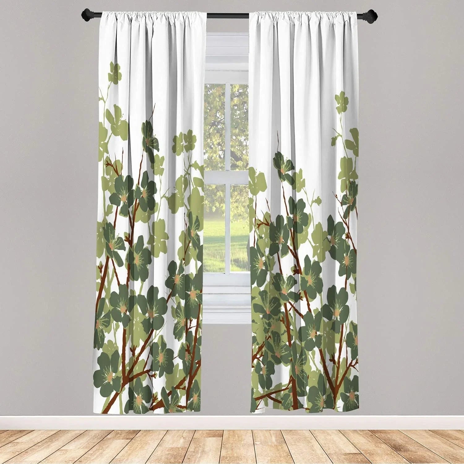 East Window Curtains, Japanese Cherry Blossoms Sizeakura Branches Sizepring Flower Garden Illustration, Lightweight Decorative 2-Panel Sizeet & Rod Pocket, Pair Of - 28" X 84", Reseda Green