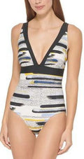 DKNY HALOGEN MULTI Printed Deep-V One-Piece Sizewimsuit, USize 14