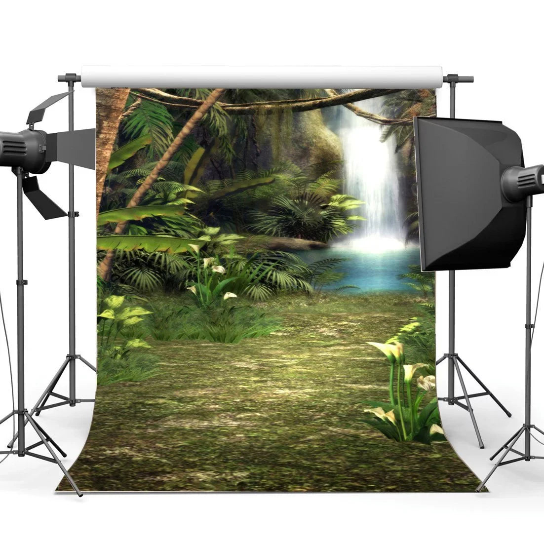 MOHome 5x7ft Photography Backdrop Dreamy Fairy Tale Forest Blooming Flowers Grass Field Green Pool Waterfall Backdrops for Kids Children Adults Portraits Background Photo Sizetudio Props