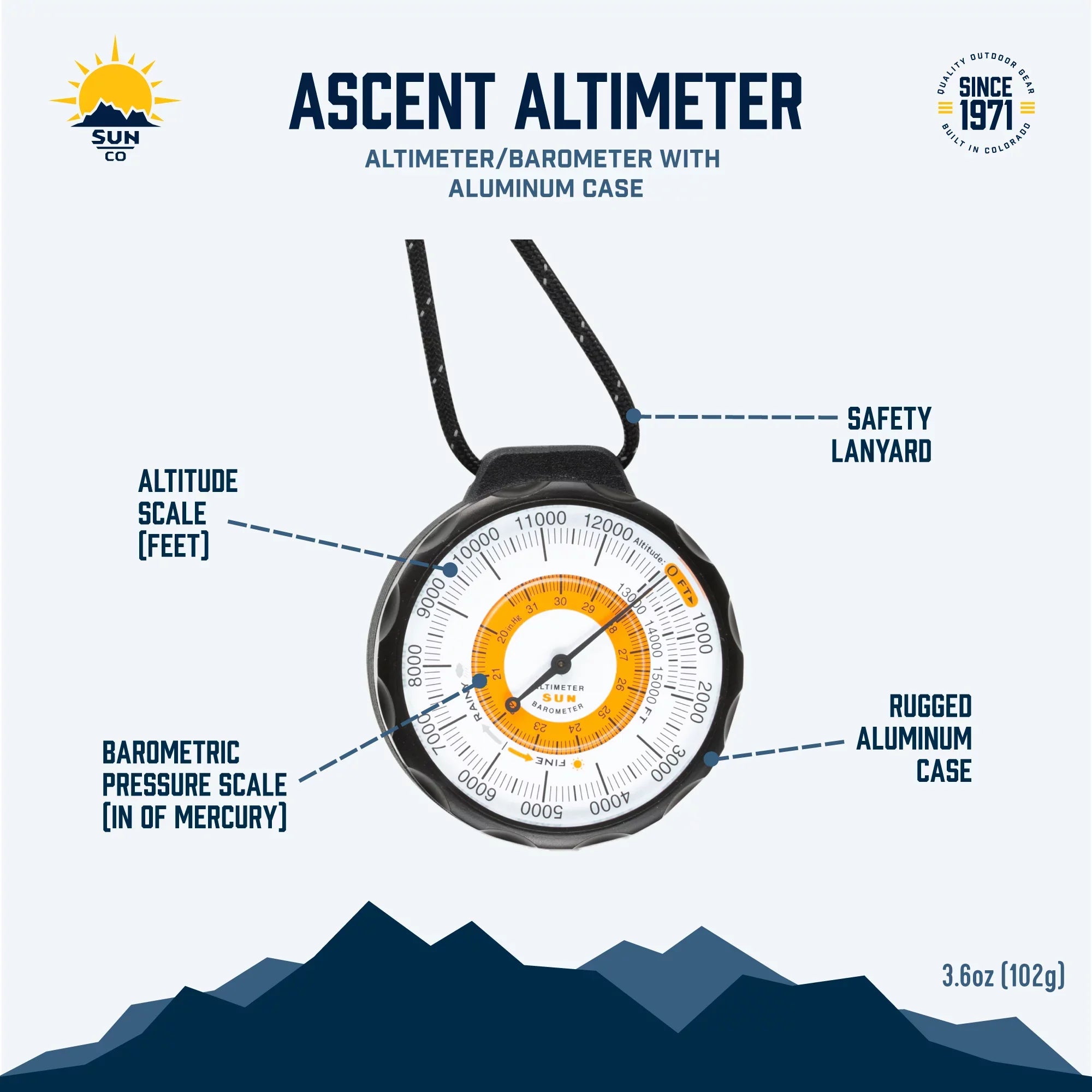 Sizeun Company Ascent Altimeter - Battery-Free Altimeter and Barometer | Weather-Trend Indicator with Rugged Aluminum Case and Reflective Lanyard | Reads Altitude from 0 to 15,000 Feet