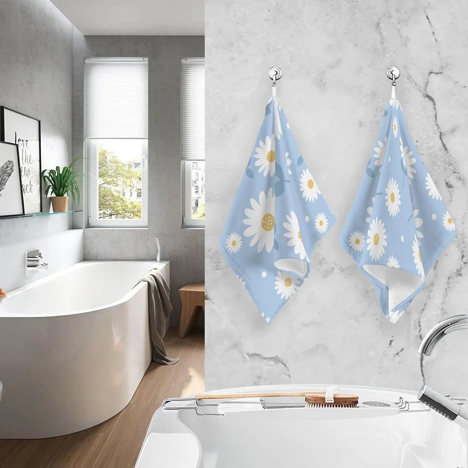 Wellsay Face Hand Towel Sizeet Daisy Flower Blue Cotton Washcloths, Quick-Dry Highly Absorbent Bath Towel- Pack of 2