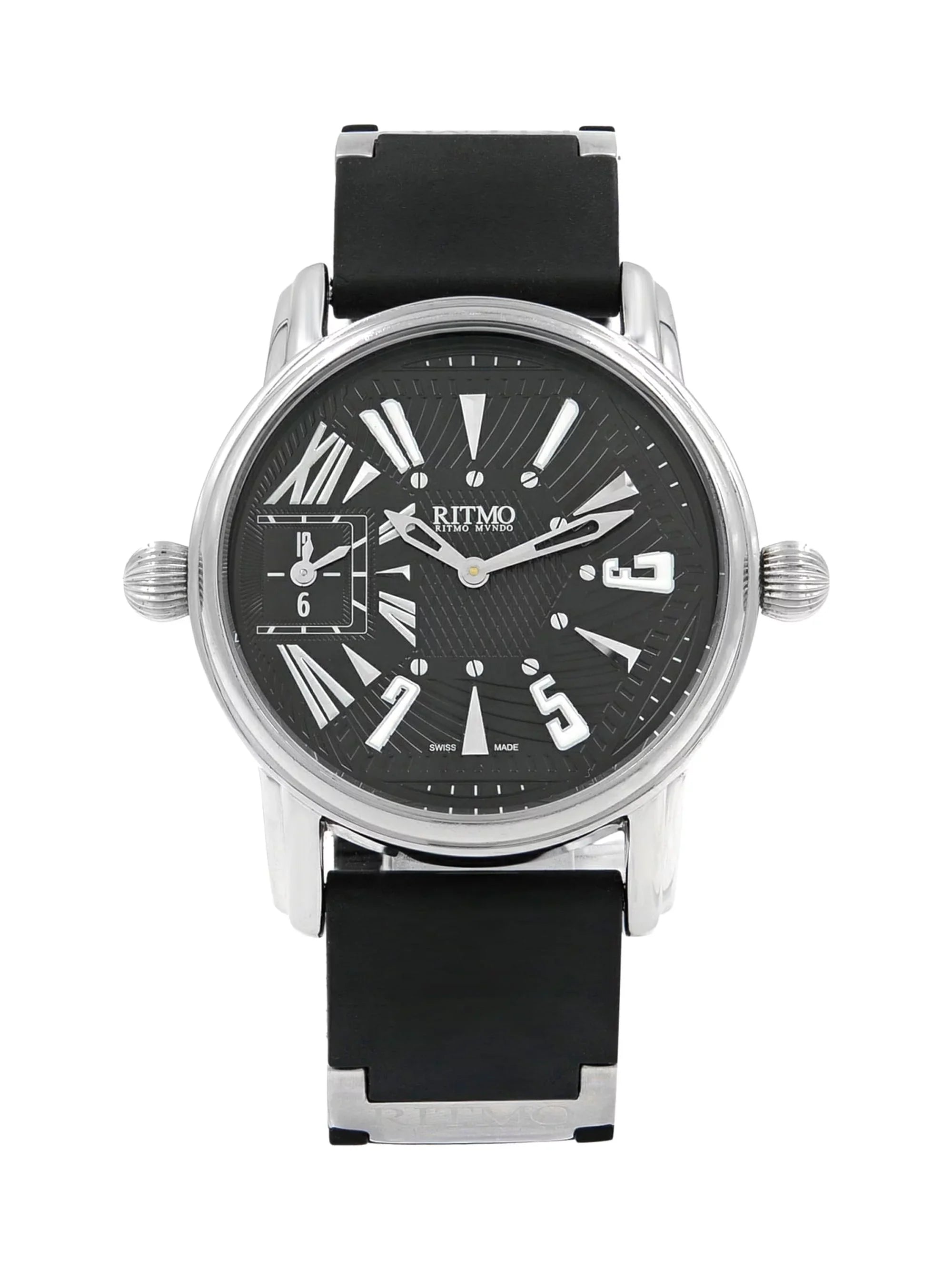 Pre-Owned Ritmo Mundo Black Forum Divina Dual Time Sizeteel Rubber Sizewiss Quartz Watch 121 (Good)