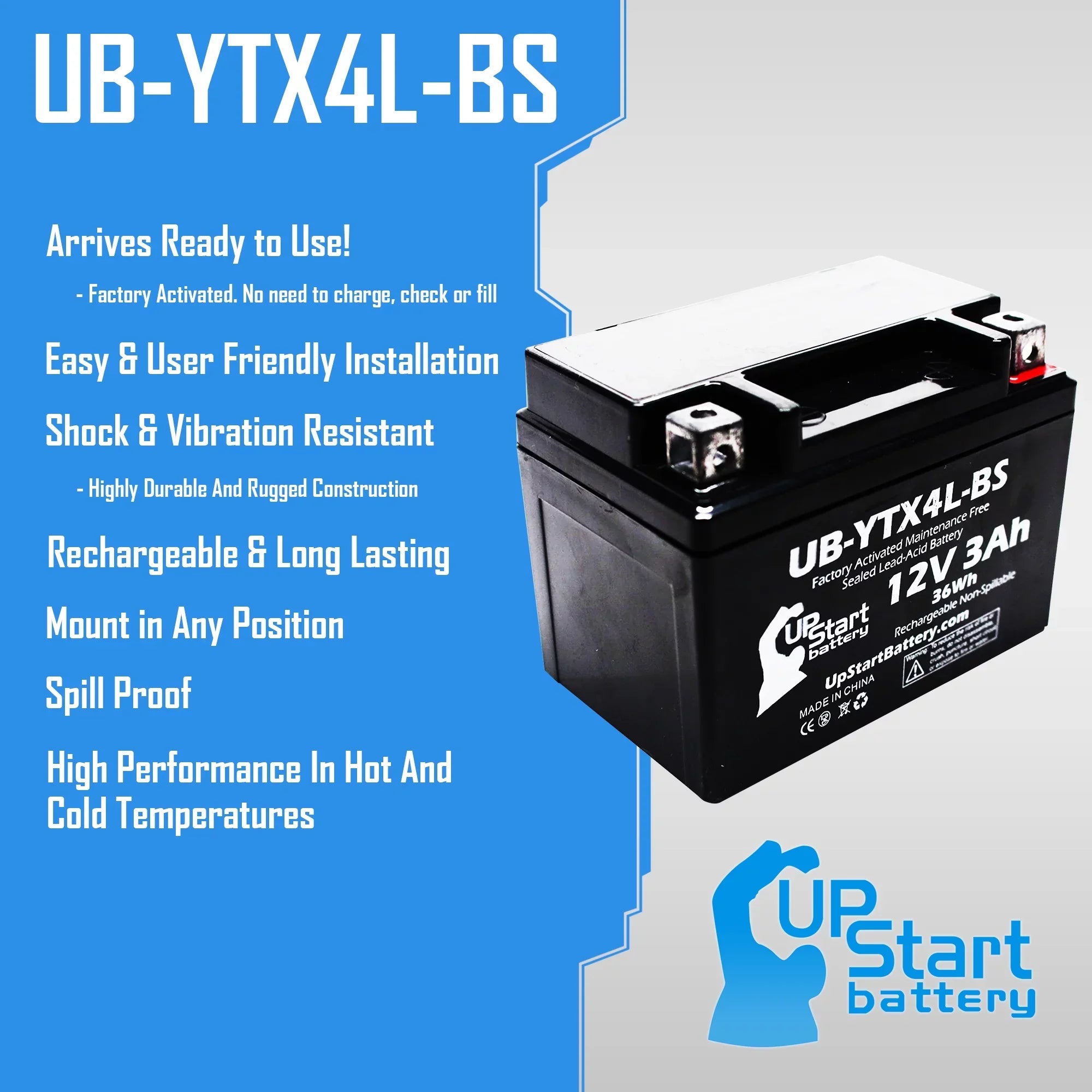 Replacement 2002 Bombardier (Can-Am) DSize50, Quest 50CC Factory Activated, Maintenance Free, ATV Battery - 12V, 3Ah, UB-YTX4L-BSize