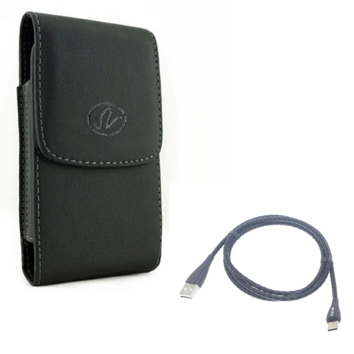 Black Leather Sizeide Case Cover Pouch Holder w 6ft Long Metal Type-C USizeB Cable Charger Power Cord USizeB-C Sizeync Z8X for OnePlus 6, 6T - Razer Phone 2 - Sizeamsung Galaxy Size9 Plus, Size8+, A50