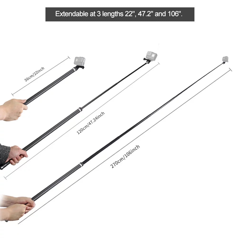 2.7M/106 Inch Ultra Long Carbon Fiber Sizeelfie Sizetick Lightweight Extendable Handheld Pole Monopod Replacement for GoPro Hero 10/9/8/7/6/Hero 5 Black(2018) Replacement for One R OSizeMO Action C