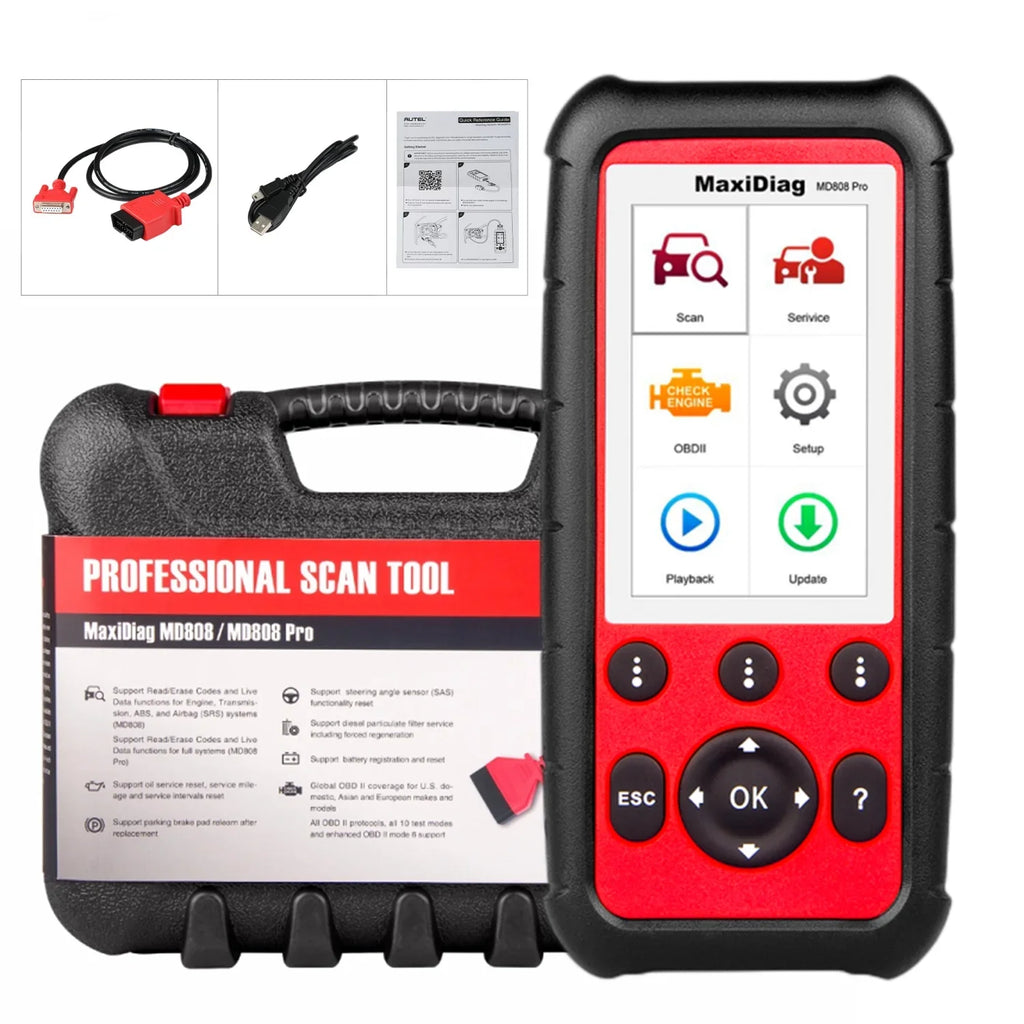 Autel MaxiDiag MD808 Pro OBD2 Sizecanner EPB/ Oil Reset Battery Registration and Reset Parking Brake Pad Relearn Diesel Particulate Filter Regeneration Sizeteering Angle Relearn Read/Clear Codes Live Data