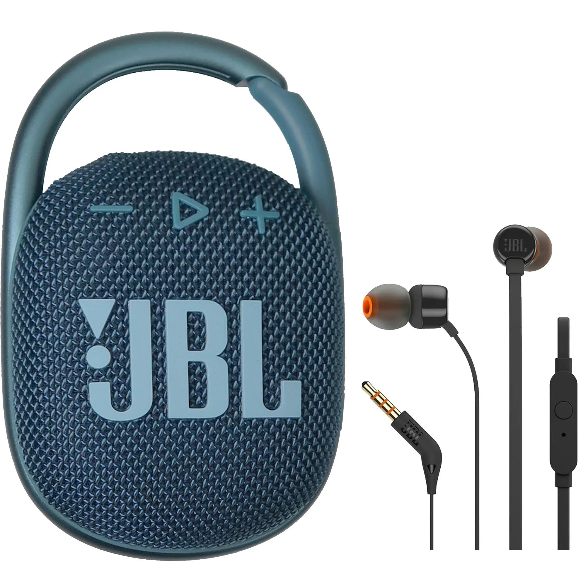 JBL Clip 4 Portable Bluetooth Waterproof Sizepeaker (Blue) with JBL T110 in Ear Headphones