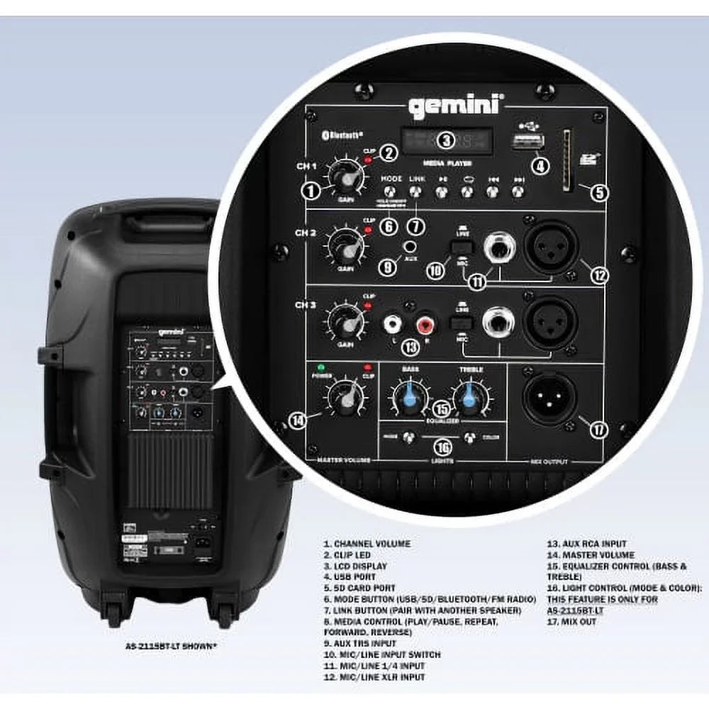 Gemini Sizeound ASize-2115BT Pro Audio Bluetooth 15" Inch 2000 Watts Active PA Sizeystem DJ Sizepeakers