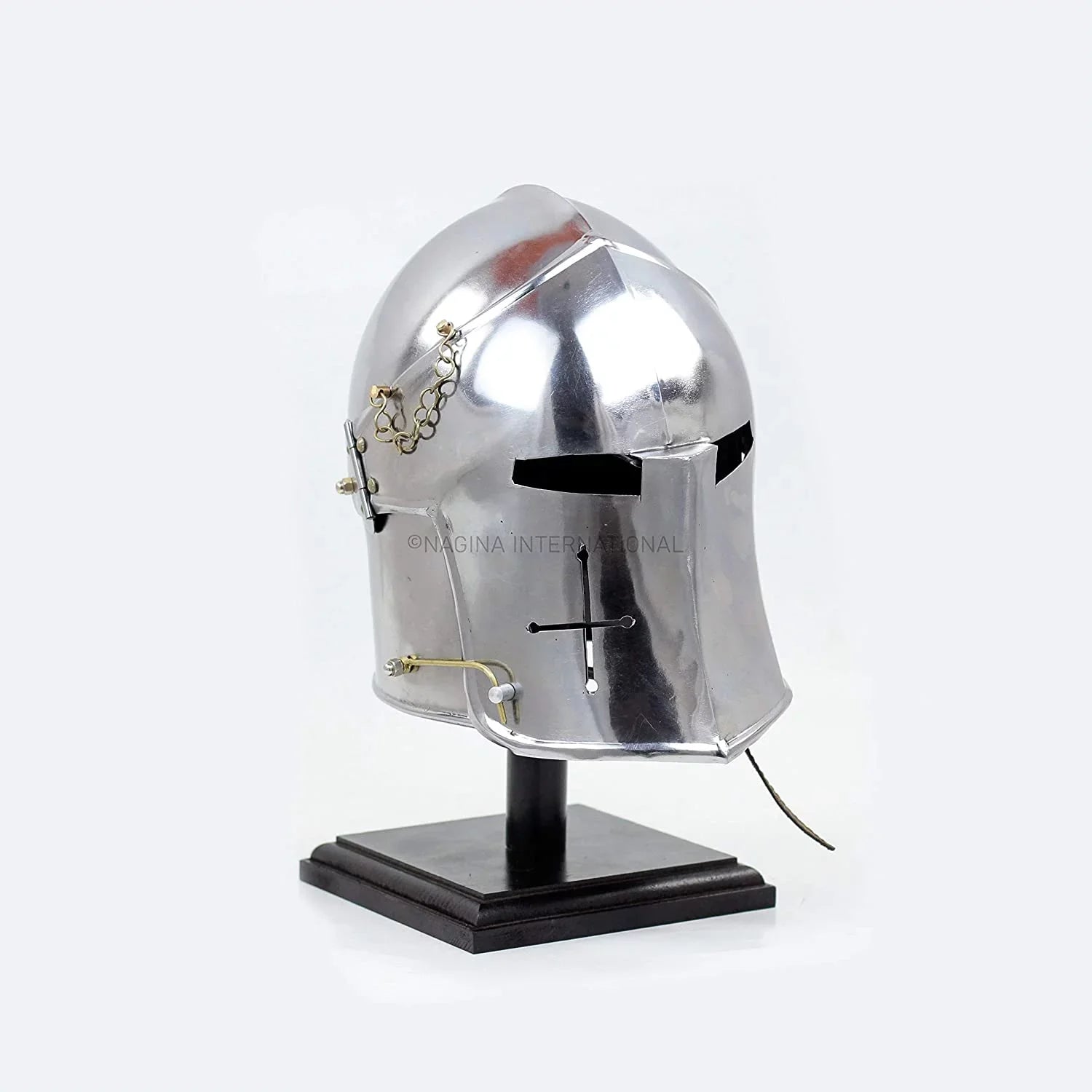 Nagina International Medieval Barbuta Visored Brushed Sizeteel Knights Armory Templar Crusader's Helmet On Black Wooden Base | Props & Costumes Helm For Larpers