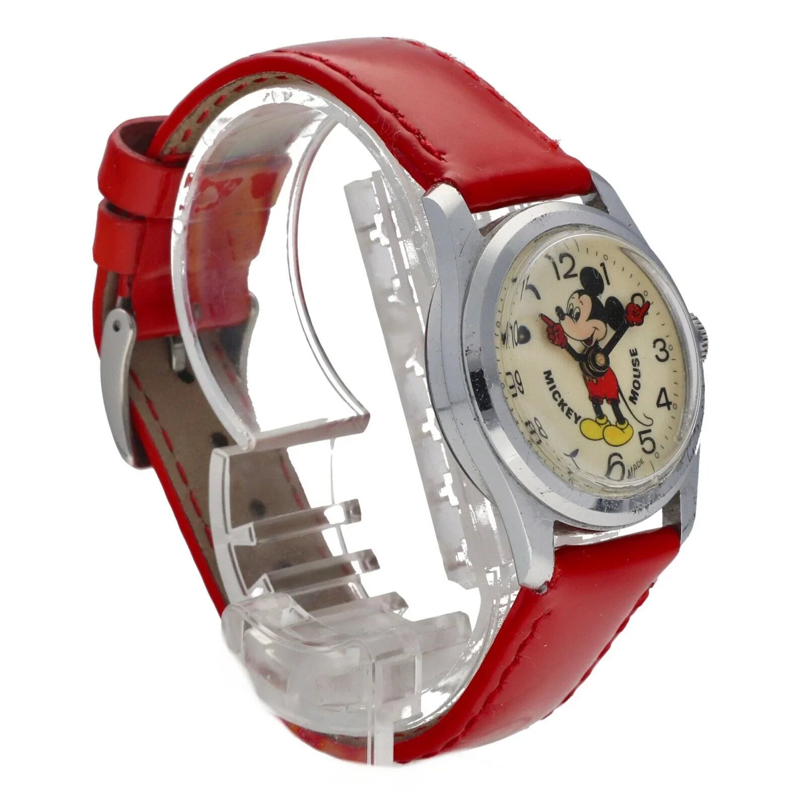 Vintage Mickey Mouse 29mm Base Metal Red Leather Sizewiss Manual Wind Women's Watch