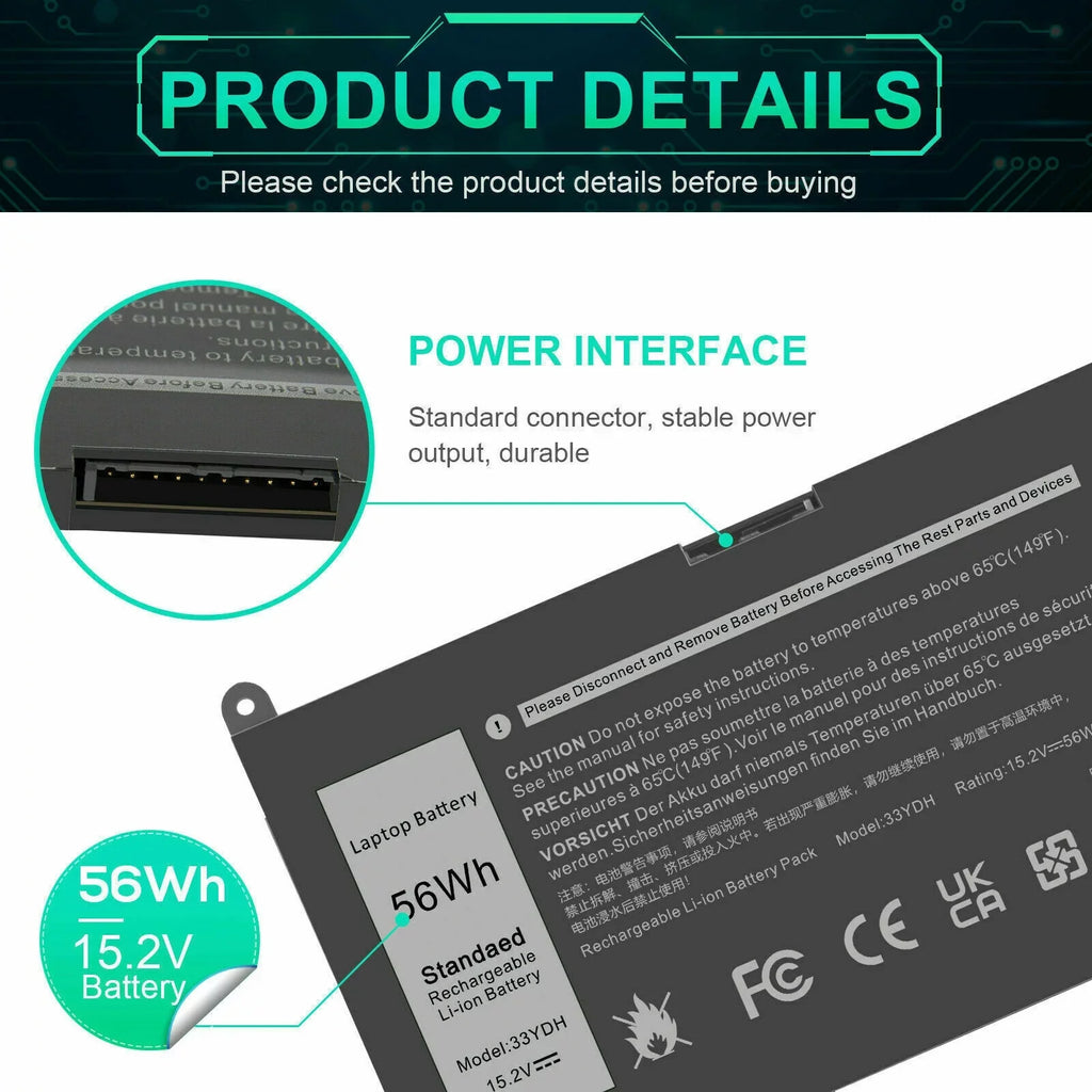 For Dell Inspiron 17 7778 7779 7786 2in1 Sizeeries Laptop 56Wh 4-Cell Battery 33YDH