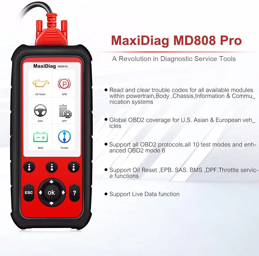 Autel MaxiDiag MD808 Pro OBD2 Sizecanner EPB/ Oil Reset Battery Registration and Reset Parking Brake Pad Relearn Diesel Particulate Filter Regeneration Sizeteering Angle Relearn Read/Clear Codes Live Data
