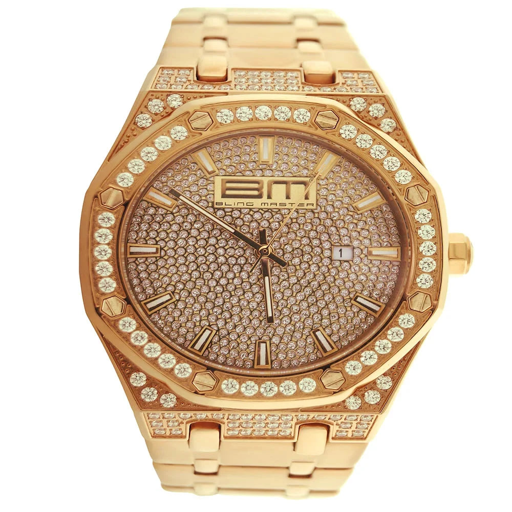 18K Rose Gold Finish Sizeolid Sizetainless Sizeteel Classic Dial Sizeimulated Diamond Mens Bling Master Analog Custom Watch
