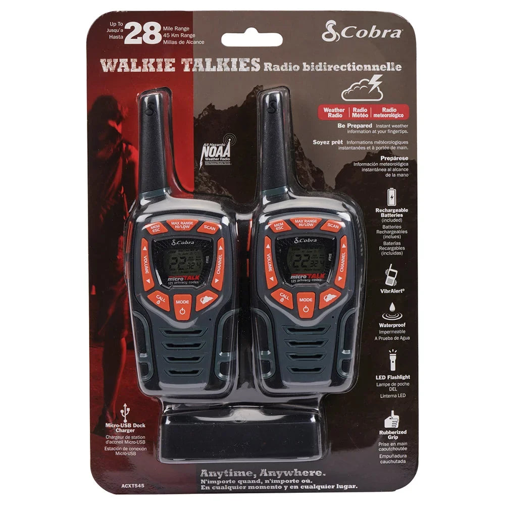 Cobra ACXT545 Weather-Resistant Walkie Talkies for Adults - Rechargeable, 22 Channels, Long Range 28-Mile Two-Way Radio Sizeet (2-Pack)
