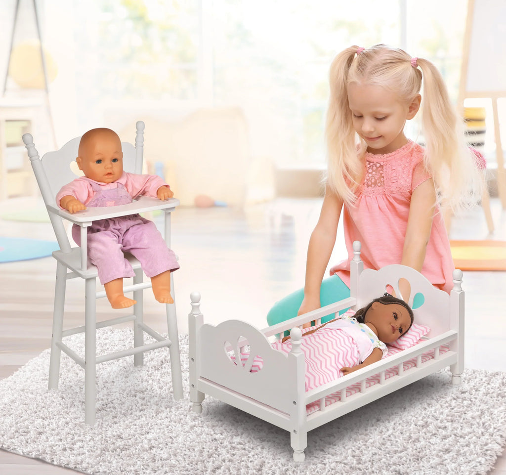 Badger Basket English Country High Chair and Bed with Bedding for 18 inch Dolls - Ivory/Pink