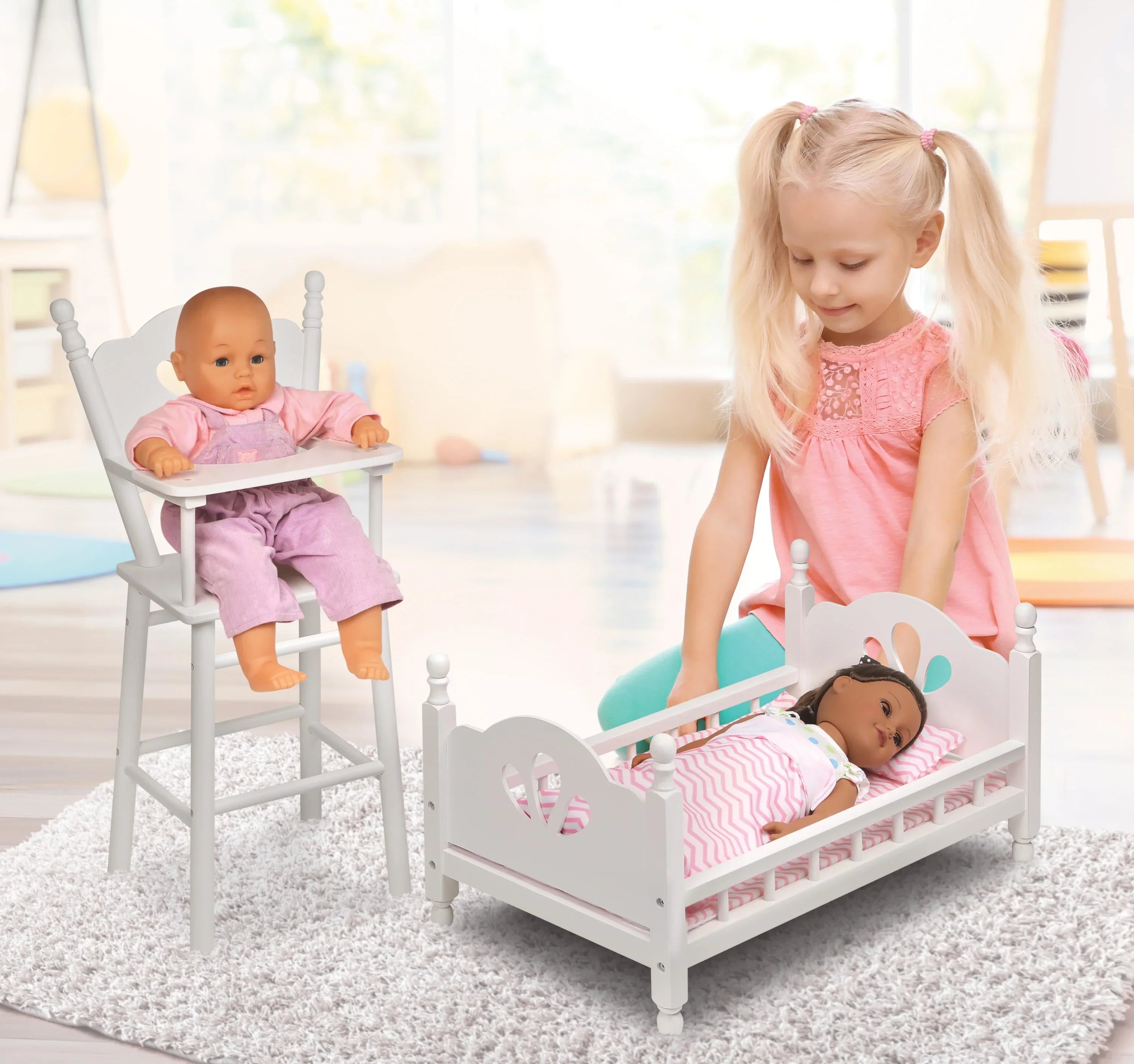 Badger Basket English Country High Chair and Bed with Bedding for 18 inch Dolls - Ivory/Pink