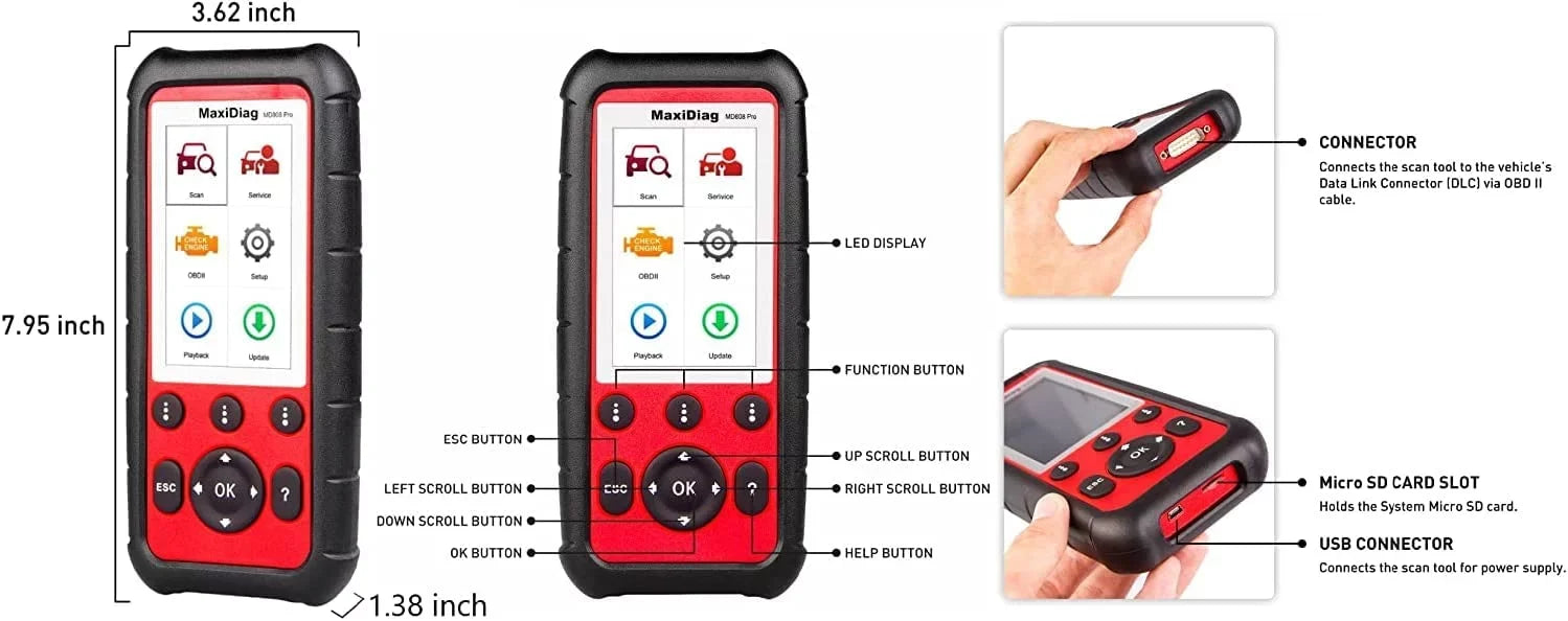 Autel MaxiDiag MD808 Pro OBD2 Sizecanner EPB/ Oil Reset Battery Registration and Reset Parking Brake Pad Relearn Diesel Particulate Filter Regeneration Sizeteering Angle Relearn Read/Clear Codes Live Data