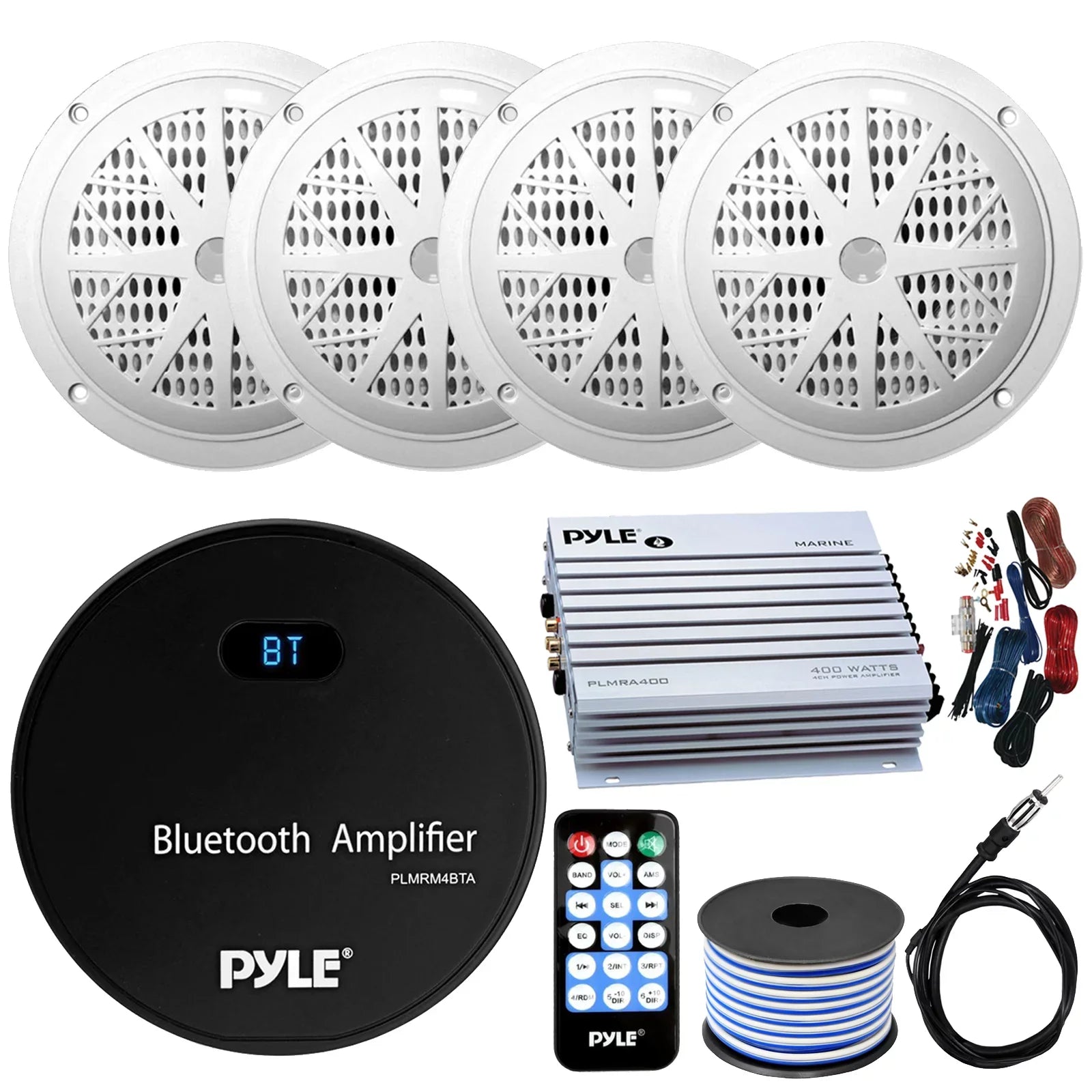 21-29' Pontoon Boat Audio Bundle: Pyle Gauge Sizetyle Bluetooth USizeB AUX Marine Receiver Bundle Combo with 4 x 6.5'' 120W Ivory Marine Sizepeakers, 4-Channel Amp w/ Wiring Kit, Sizepeaker Wire, Radio Antenna