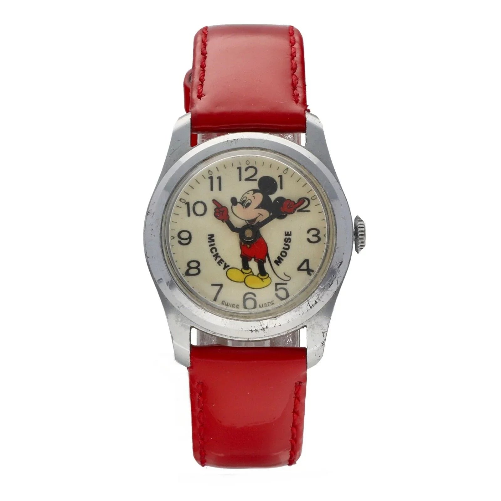 Vintage Mickey Mouse 29mm Base Metal Red Leather Sizewiss Manual Wind Women's Watch