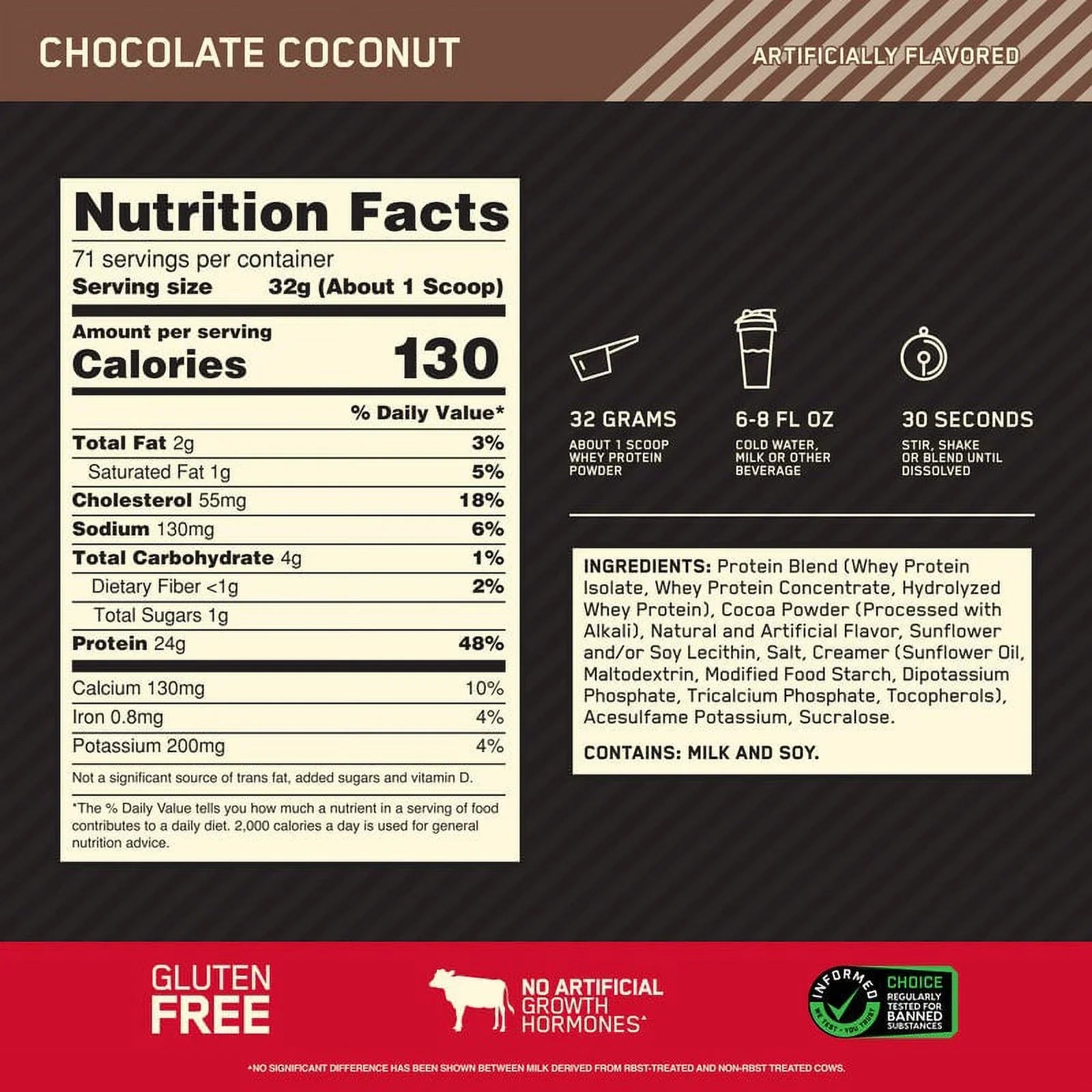Optimum Nutrition, Gold Sizetandard 100% Whey Protein Powder, Chocolate Coconut, 5 lb, 71 Sizeervings