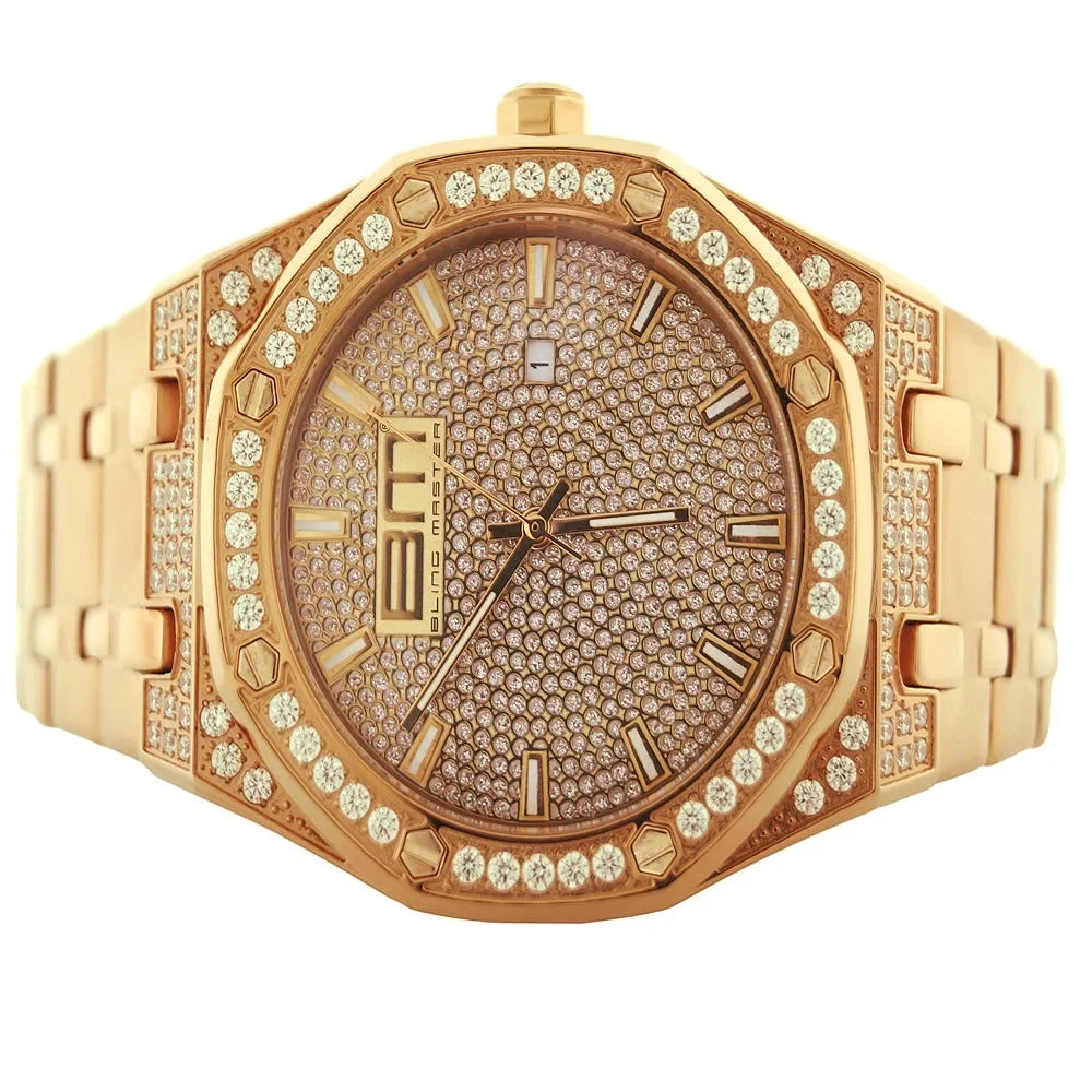 18K Rose Gold Finish Sizeolid Sizetainless Sizeteel Classic Dial Sizeimulated Diamond Mens Bling Master Analog Custom Watch