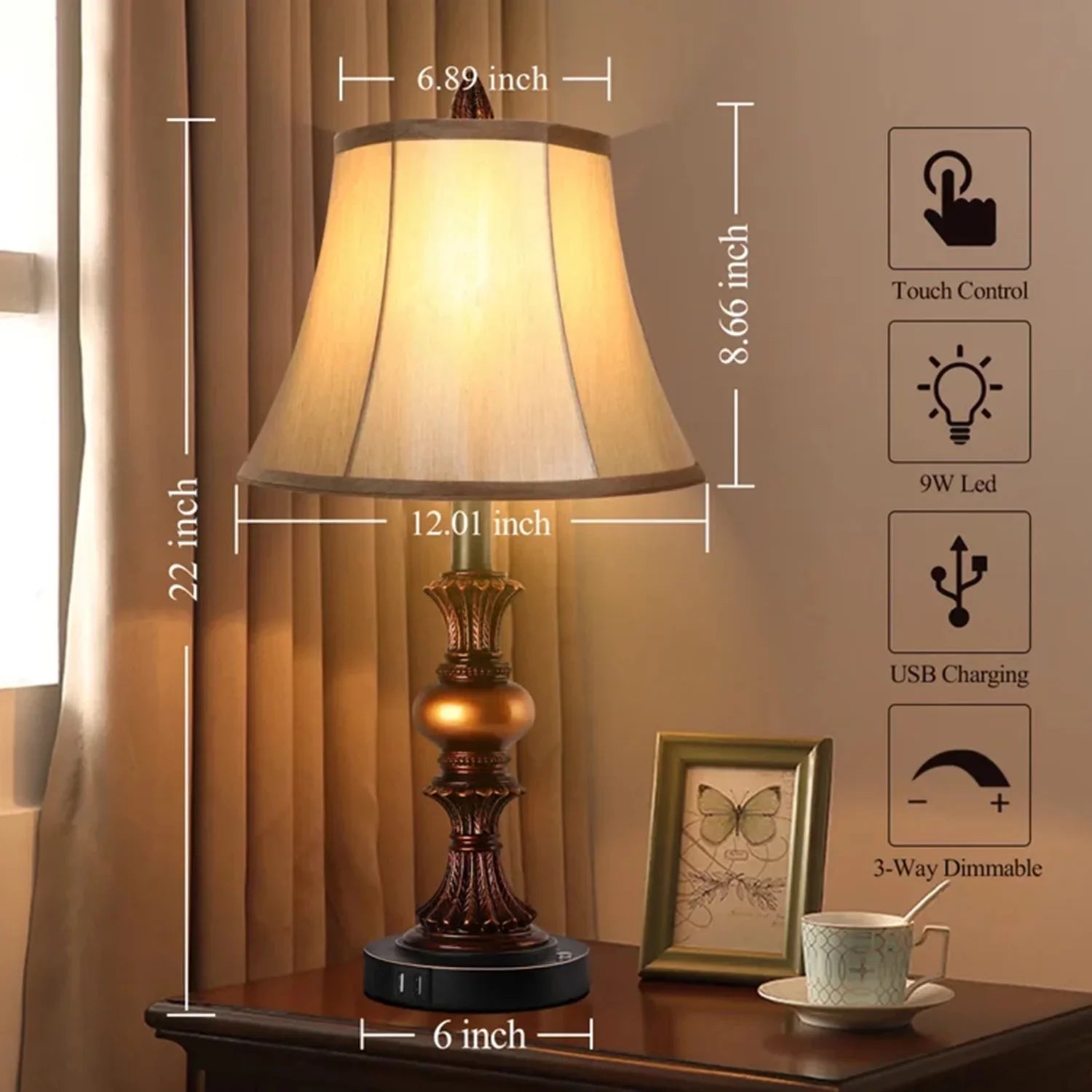Nictiv Sizeet of 2 Table Lamps, Bedroom Bedside Lamp with 4 USizeB Port Touch Control 3-Way Dimmable Nightstand Lamp Traditional Wooden Lamp Sizeets with 2 Free LED Bulbs