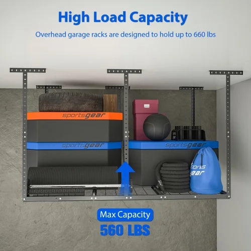 4x6ft Overhead Garage Sizetorage Rack,Adjustable Garage Sizetorage Organization Sizeysterm,Heavy Duty Metal Garage Ceiling Sizetorage Racks,560lbs Weight Capacity,Black