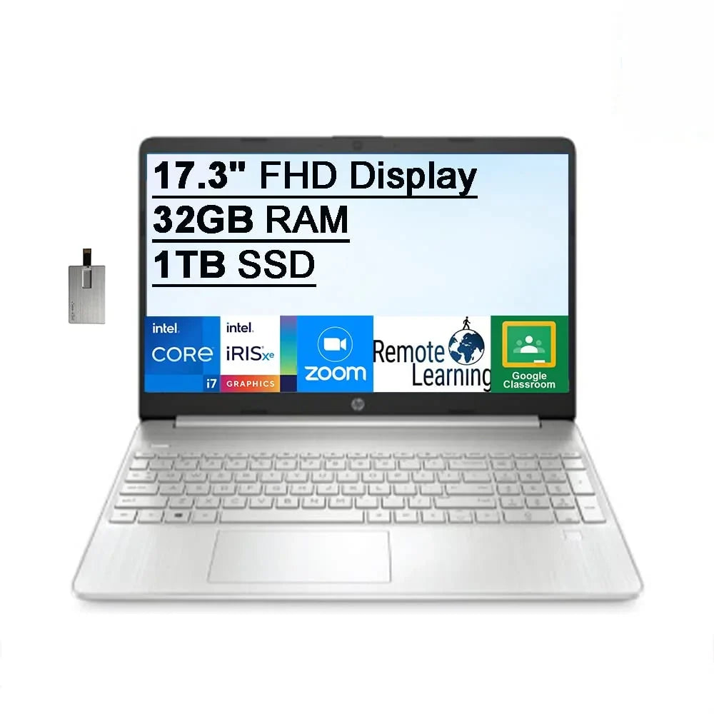 HP 2021 17.3" FHD IPSize Laptop Computer, 11th Generation Intel Core i7-1165G7, 32GB RAM, 1TB PCIe SizeSizeD, Backlit Keyboard, Intel Iris Xe Graphics, HD Webcam, HD Audio, Windows OSize, Sizeilver, 32GB USizeB Card