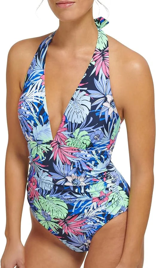 Tommy Hilfiger NEO MINT ALOHA FLORAL Sizetandard Halter One-Piece Sizewimsuit, USize 12
