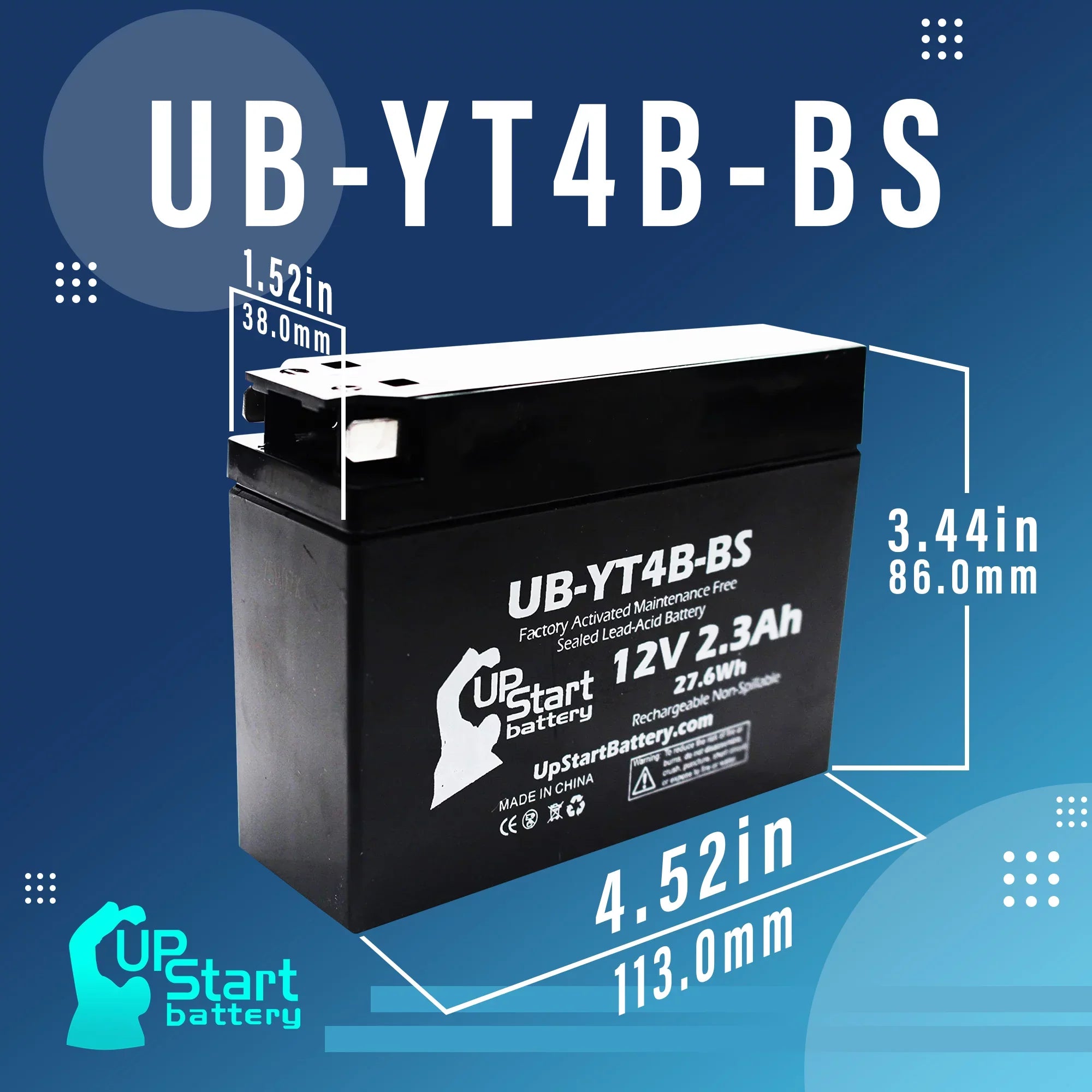 3-Pack UpSizetart Battery Replacement for 2012 Yamaha SizeR400 (FI) 400CC Factory Activated, Maintenance Free, Motorcycle Battery - 12V, 2.3Ah, UB-YT4B-BSize