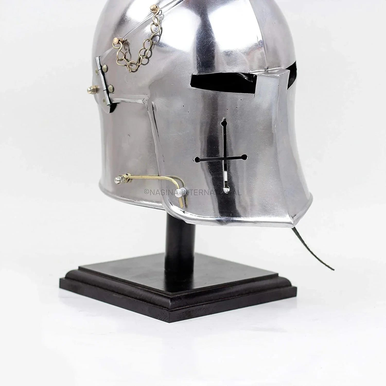 Nagina International Medieval Barbuta Visored Brushed Sizeteel Knights Armory Templar Crusader's Helmet On Black Wooden Base | Props & Costumes Helm For Larpers