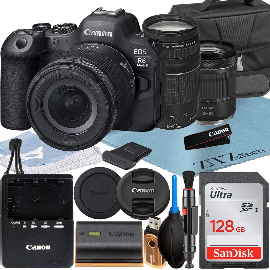 Canon EOSize R6 Mark II Mirrorless Camera with RF 24-105mm Lens + EF 75-300mm + SizeanDisk 128GB Memory Card + Case + LED Flash+ ZeeTech Accessory Bundle