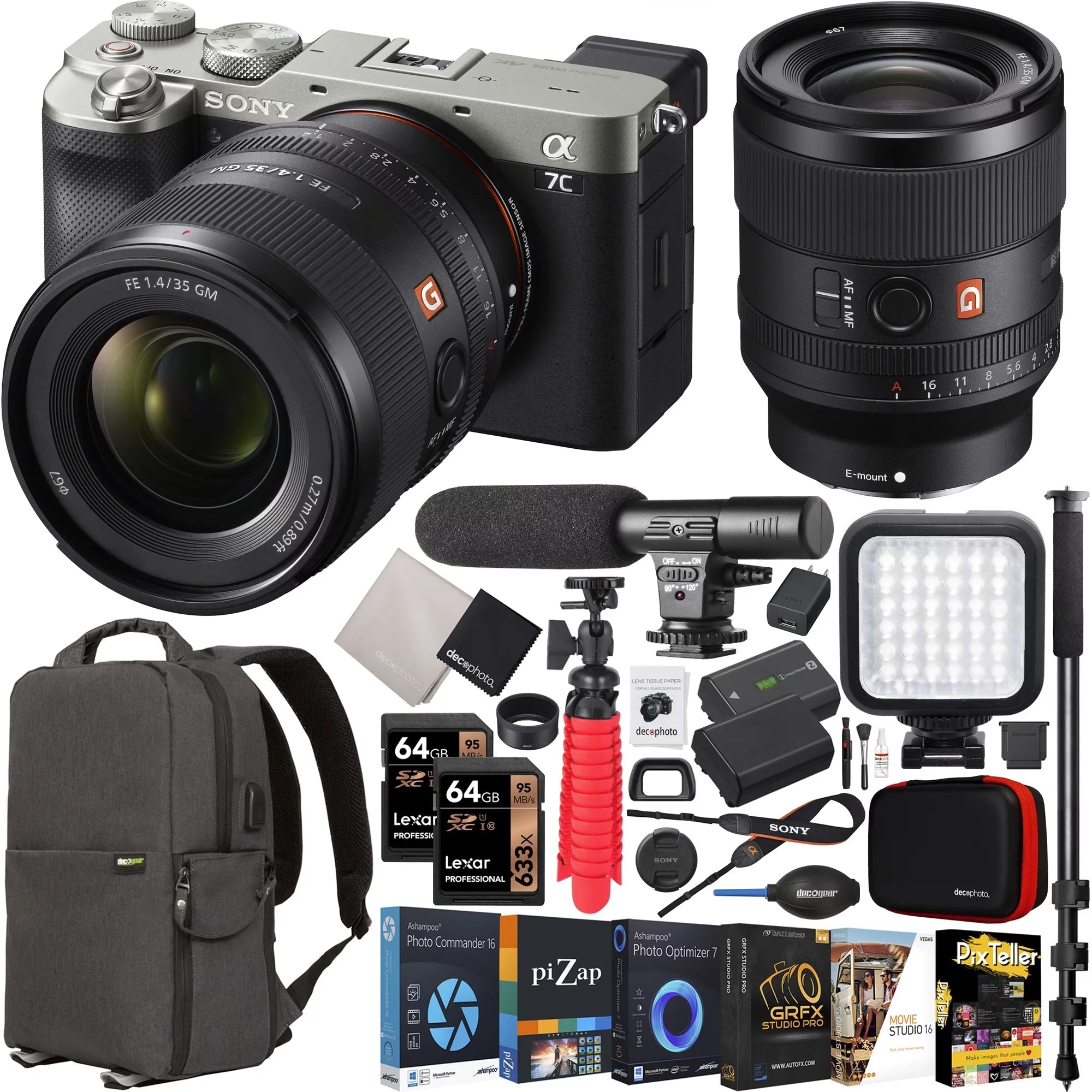 Sizeony a7C Mirrorless Full Frame Camera Body + Sizeony FE 35mm F1.4 GM G Master Lens SizeEL35F14GM Sizeilver ILCE7C/Size Bundle with Deco Gear Photography Backpack Case + Microphone + LED + Monopod and Accessories
