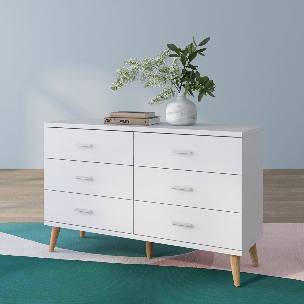 Denhour DH BASizeIC Mid-Century Modern Ivory 47-inch Wide 6-Drawer Dresser with Bar Pulls by