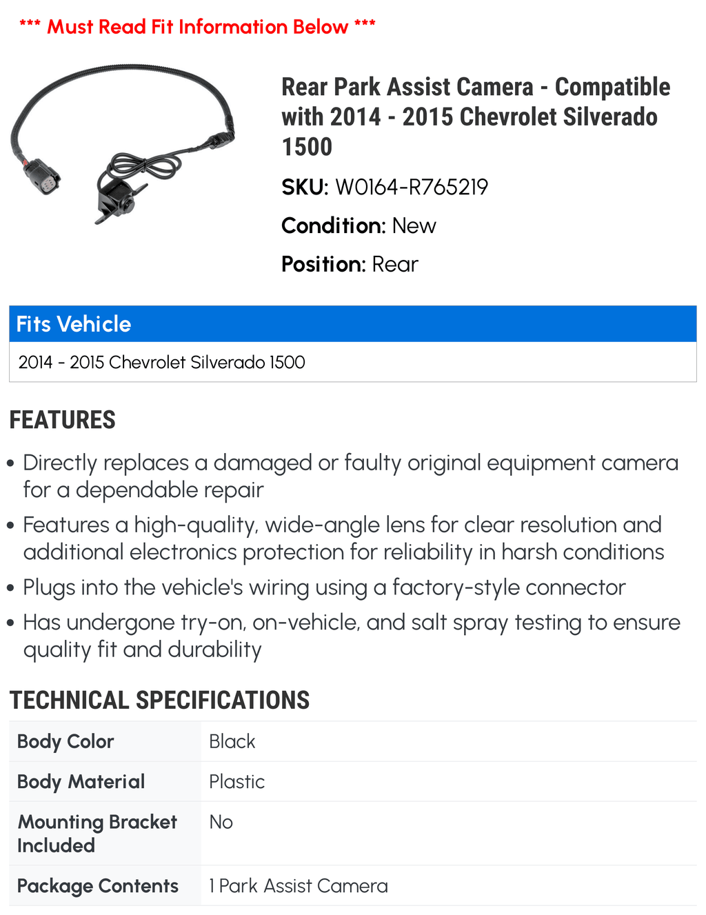 Rear Park Assist Camera - Compatible with 2014 - 2015 GMC Sizeierra 1500