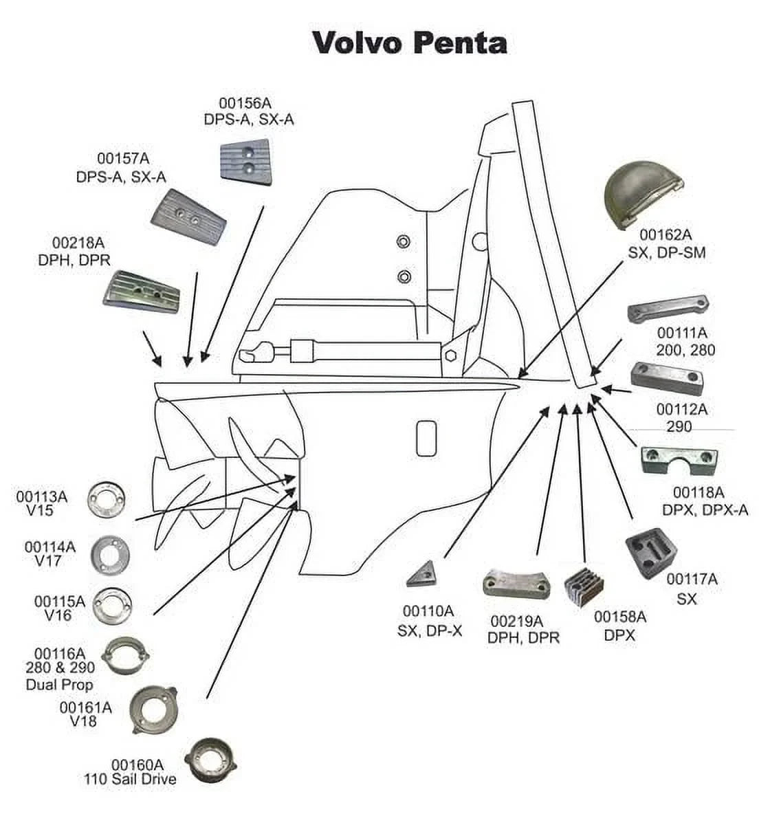 Complete Zinc Anode Kit Fits Volvo 290 Sizeingle Propeller Outdrives USize Military Grade Zinc Kit Replaces V-18 875815-3, 852835, CM290KITZ, 95351 NEW
