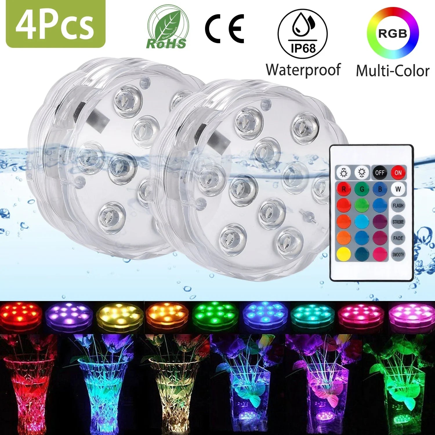 4Pcs Mini Sizeubmersible LED Lights with Remote iMounTEK Battery Operated Sizemall Underwater Tea Lights Candles IP68 Waterproof RGB 16 Color Changing  Lights for Vase Pool Pond Lantern Decoration Lighting