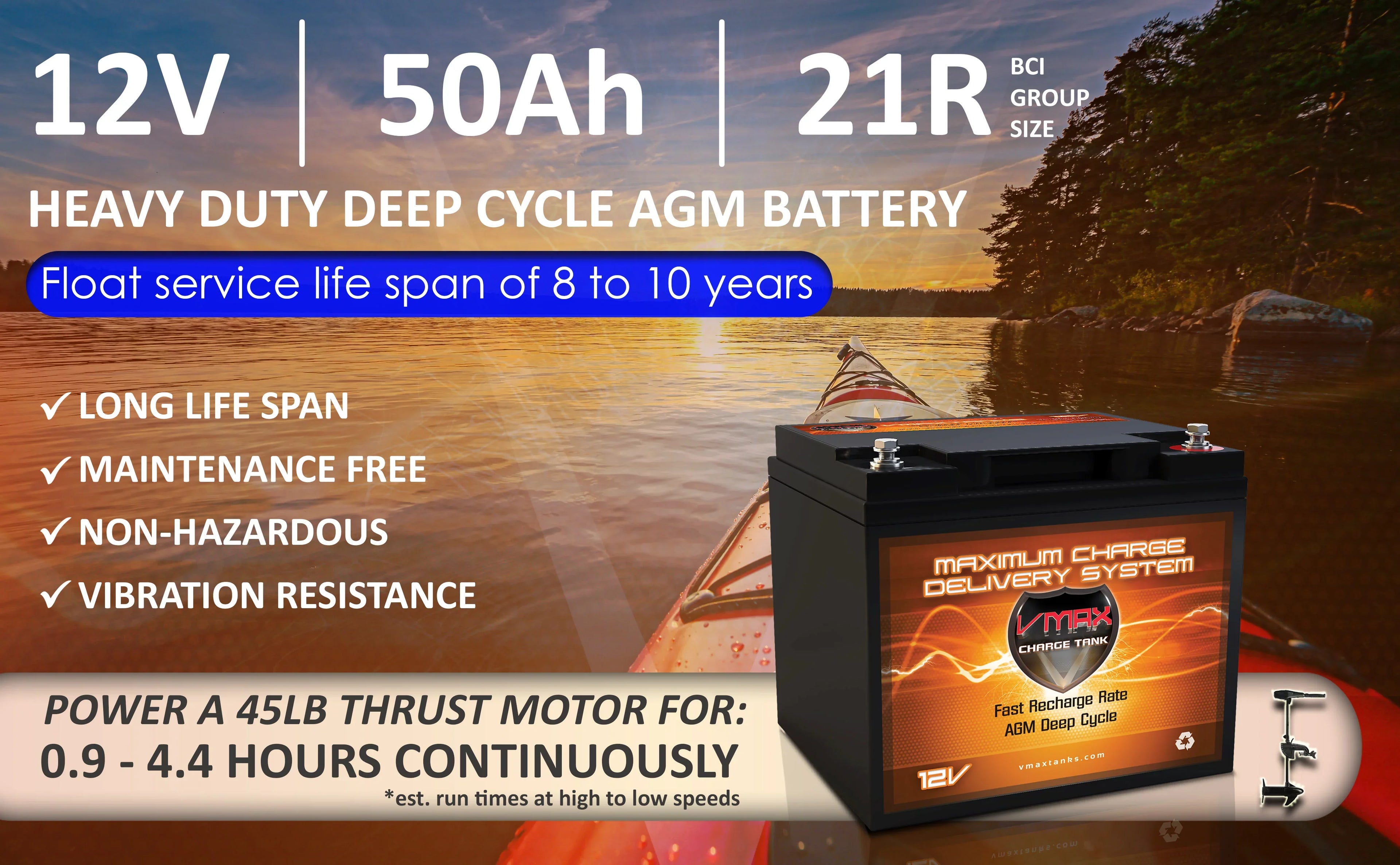 AGM Battery Upgrade for 18-50LB Thrust Trolling Motors Vmaxtanks MR86-50 12V 50AH
