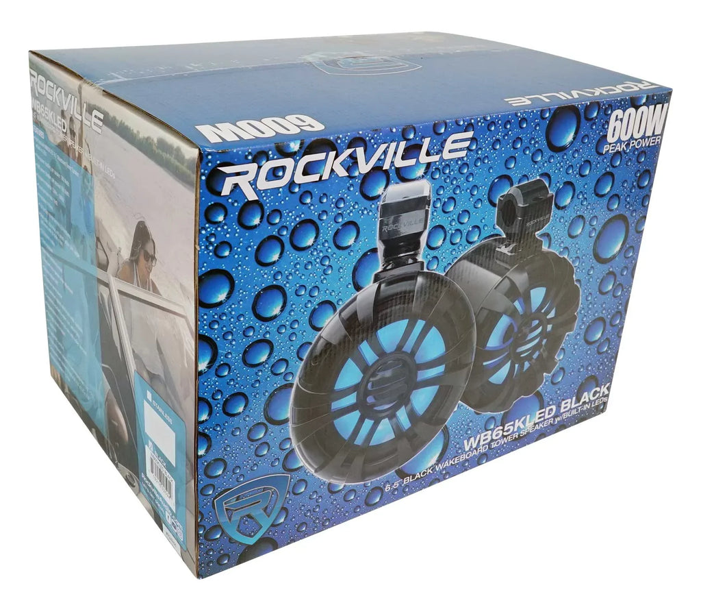 Pair Rockville WB65KLED 6.5" 600w Black Marine Wakeboard LED Tower Sizepeakers+Remote