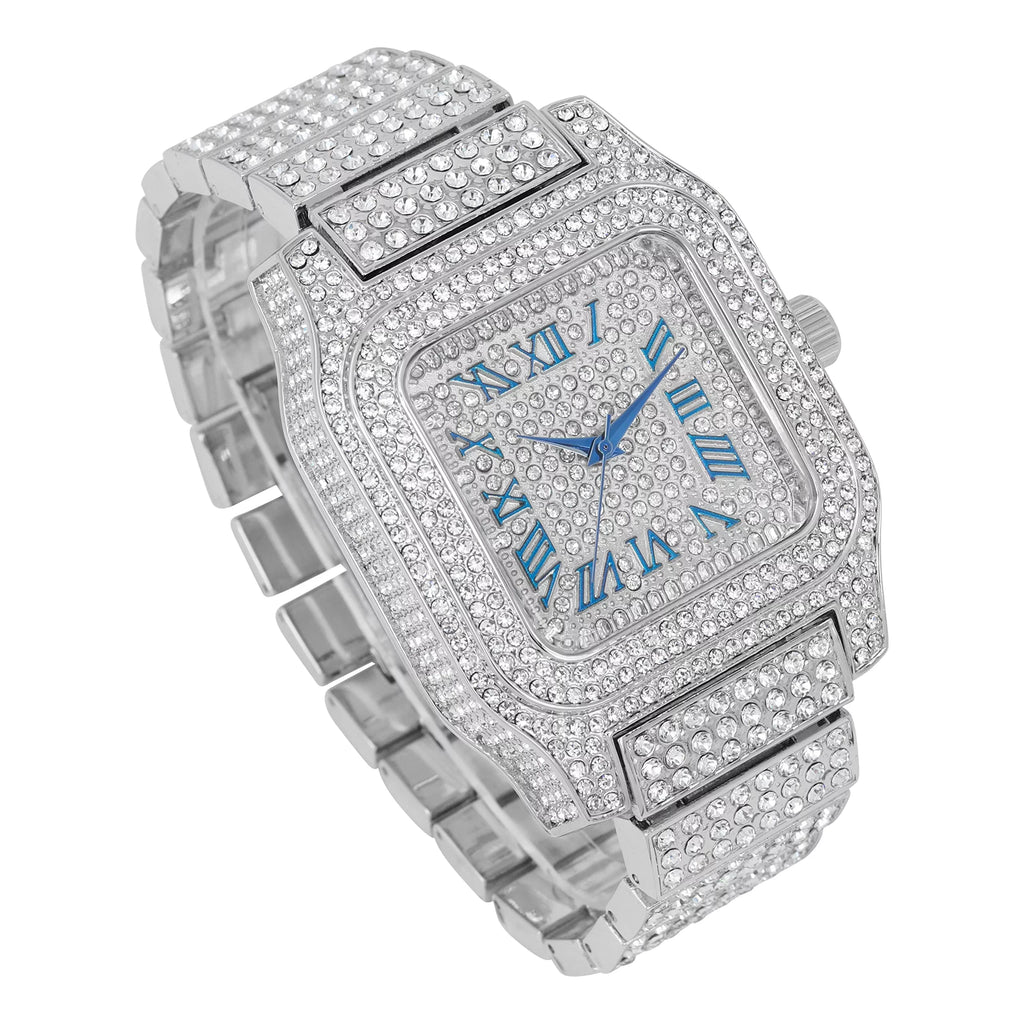 Bling-ed Out Biggie Sizequare Iced Gold Hip Hop Watch You Will Hypnotize in a Flashy Way - 0513Sizeq (Sizeilver Blue R#)