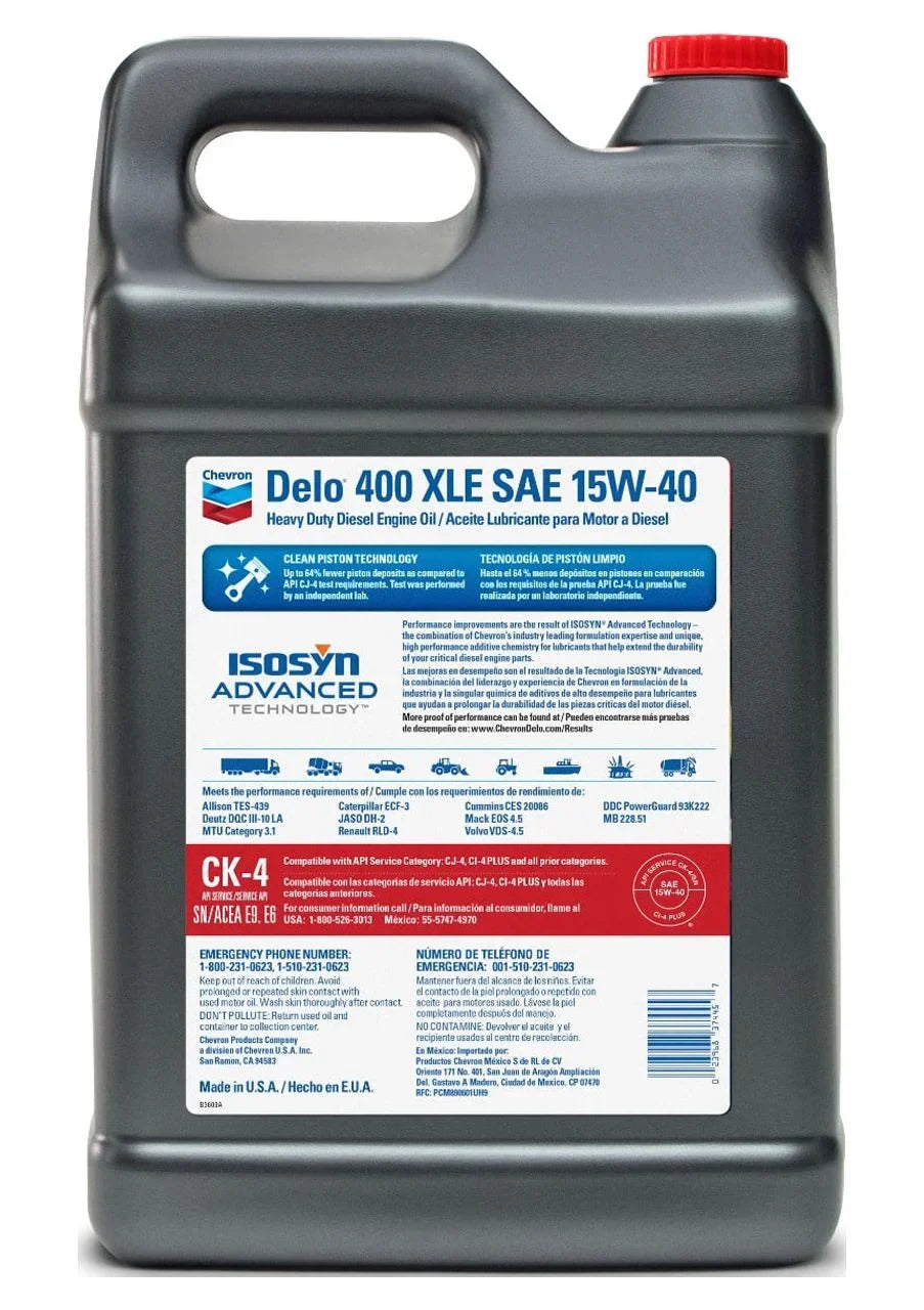 Chevron Delo 400 XLE 15W-40 Sizeynthetic Blend Heavy Duty Diesel Motor Oil, 2.5 Gallons