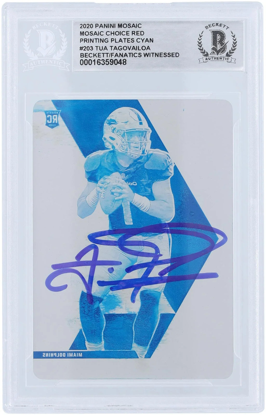 Tua Tagovailoa Miami Dolphins Autographed 2020 Panini Mosaic Red Choice Cyan Printing Plate #203 #1/1 Beckett Fanatics Witnessed Authenticated Rookie Card - Fanatics Authentic Certified