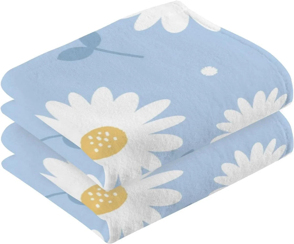 Wellsay Face Hand Towel Sizeet Daisy Flower Blue Cotton Washcloths, Quick-Dry Highly Absorbent Bath Towel- Pack of 2