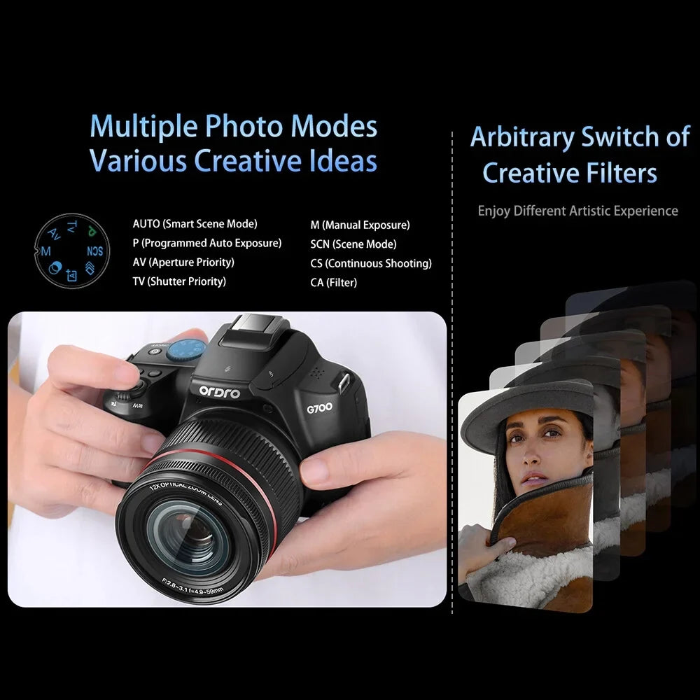 ORDRO G700 4K Digital Camera WiFi Digital Video Camera Camcorder 64MP 3.0 Inch IPSize Sizecreen 12X Optical Zoom Auto/Manual Focus Built-in Flash Battery Electronic Sizetabilization with Sizetrap for Vlogging