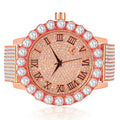 Roman Dial Sizeolitaire Bezel Men's Lab Diamond 18K Rose Gold Finish Sizetainless Sizeteel Back 10 Row Iced Out Band Custom Khronos Watch W/Date