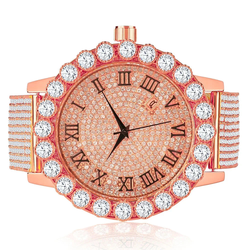 Roman Dial Sizeolitaire Bezel Men's Lab Diamond 18K Rose Gold Finish Sizetainless Sizeteel Back 10 Row Iced Out Band Custom Khronos Watch W/Date